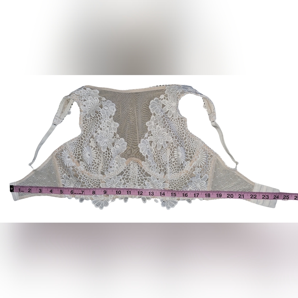 Victorias Secret Dream Angels Lace Mesh Long Line Bra Neutral Floral Boho Sz 32D - Picture 9 of 16